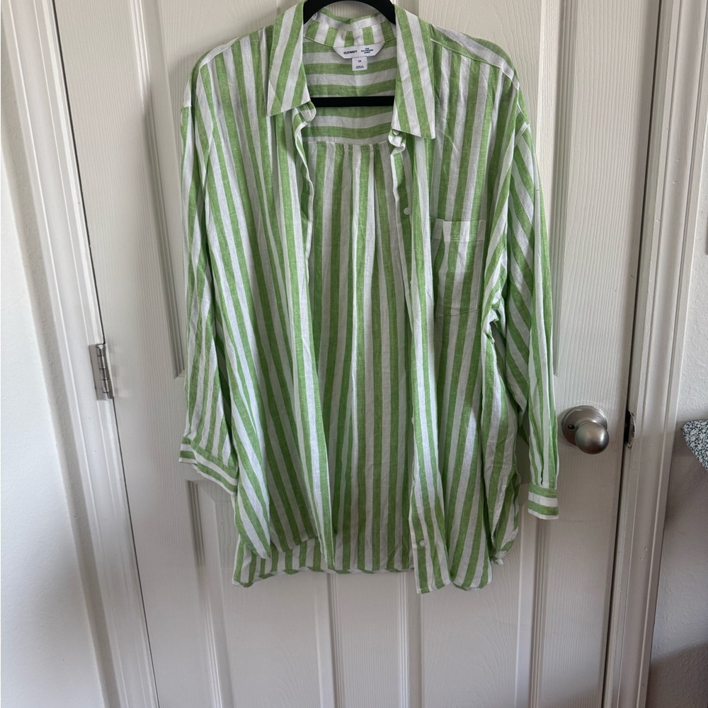 Old Navy Green and White Striped Boyfriend Shirt